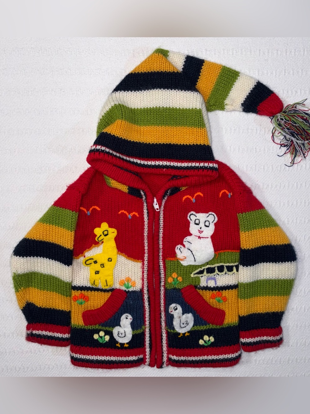 Vintage Kids Peruvian Hand Knit Embroidered Farm Animals Zip Sweater Jacket 2T
